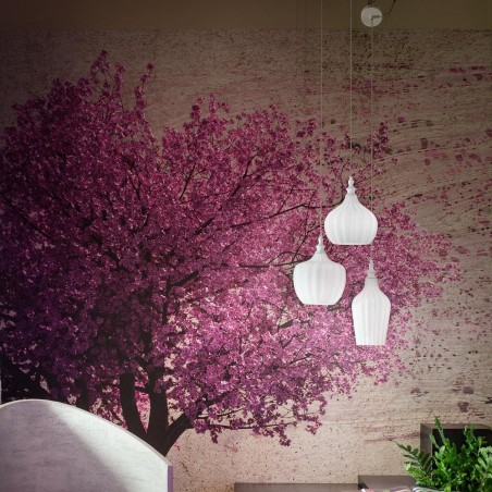 Gea Luce Cleofe S/3 : lustre blanc pour cuisine à trois lumières réglables en hauteur