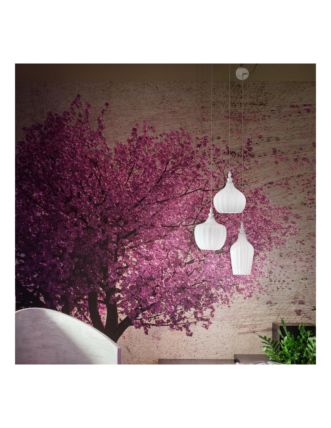 Gea Luce Cleofe S/3 : lustre blanc pour cuisine à trois lumières réglables en hauteur
