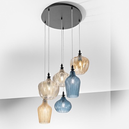 Gea Luce Cleofe S/6 Multicolor : lustre de cuisine à 6 lumières avec verres multicolores