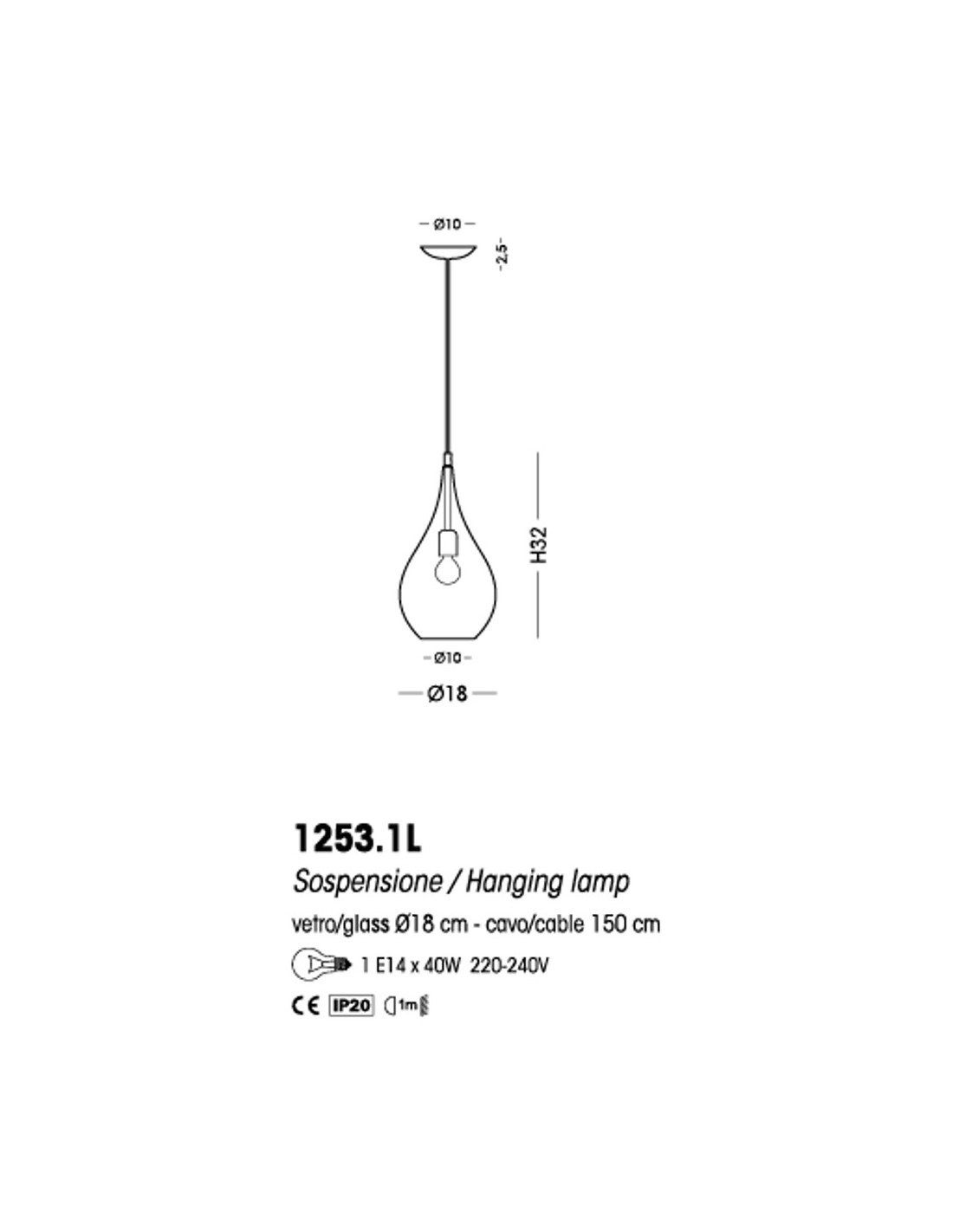 Cangini E Tucci Lacrima rigato R1253.1L lampadario moderno