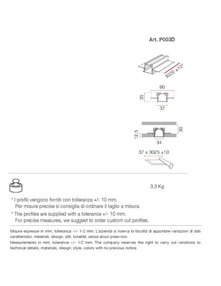 P003D di 9010 profilo da incasso in alumite 300cm
